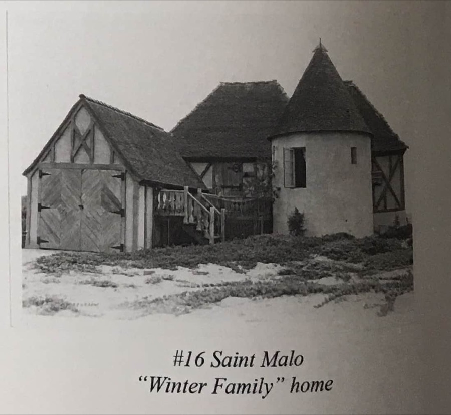A half-timbered cottage with a conical turret, captioned number 16 Saint Malo