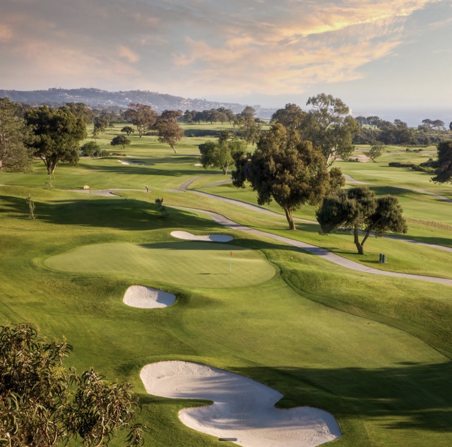 The fairways at Torrey Pines running out toward the ocean at first light