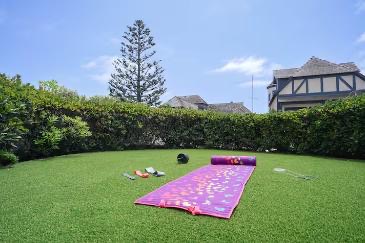 Yoga mats laid out on the private back lawn in the sun